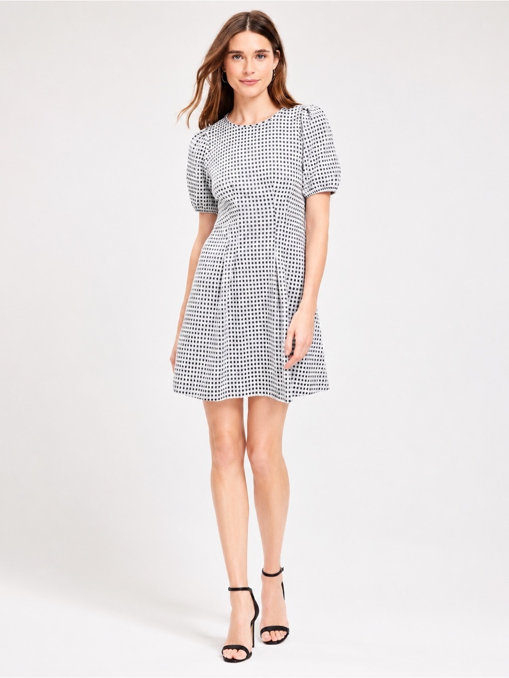 NEW LOFT Grey and White Gingham Puff-Sleeve Mini Dress Size 4Petite